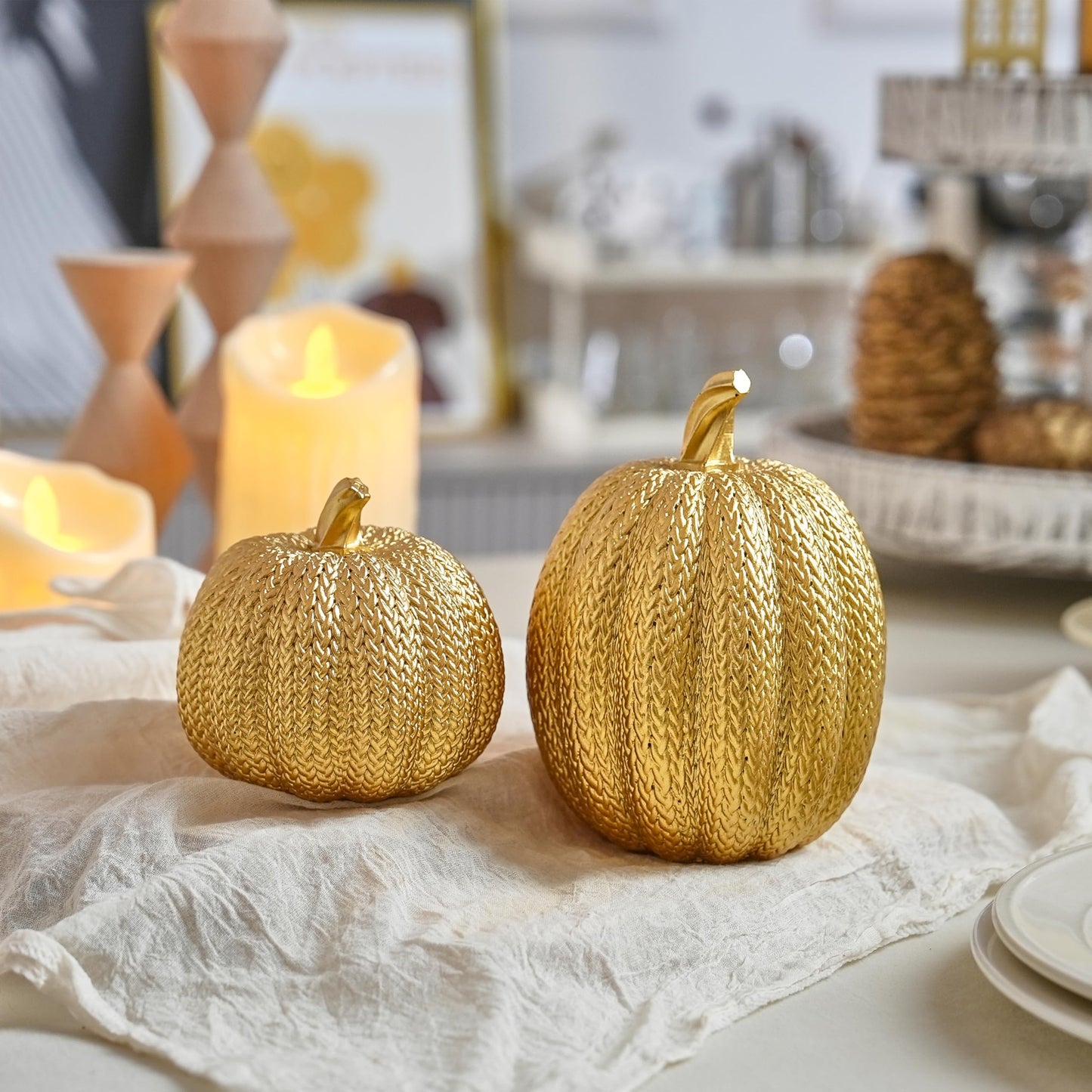 FESTGLOX Pumpkin Fall Decor Indoor - Gold Pumpkin for Decorating, 2Pcs Resin Pumpkins Decor with Woven Effect, Thanksgiving Table Centerpiece, Fireplace, Autumn Harvest Party Decorations