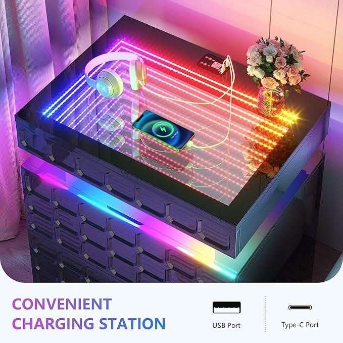 Night Stand with Charging Station and Smart RGB Lights, LED Nightstand with