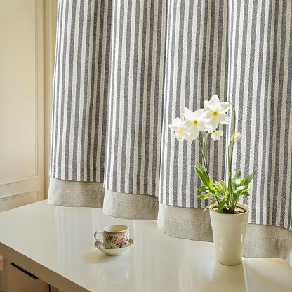 jinchan Double Layer Striped Linen Kitchen Tier Curtain Rustic Cafe for Living Room Bathroom Half Window Curtain Light Filtering Rod Pocket 1 Panel 24 Inch Charcoal Grey