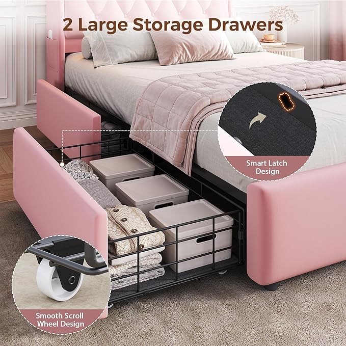 Twin LED Velvet Bed Frame with 2 Storage Drawers&Hidden Headboard, Upholstered