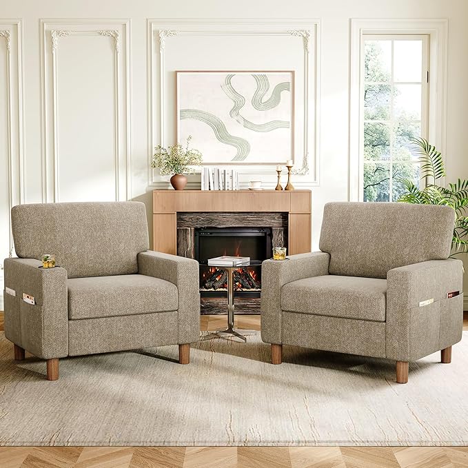 Mid Century Modern Accent Chairs Set of 2, Chenille Comfy Living Room Arm Chairs