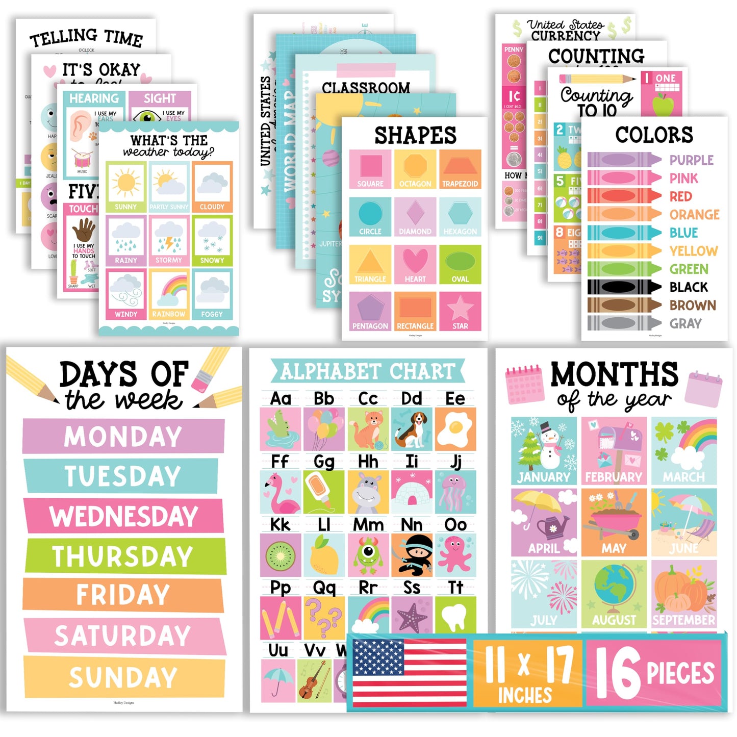 Hadley Designs 16 Educational Posters for Classroom Must Haves - Laminated Pre-K Posters for Toddler Homeschool Essentials, Toddler & Preschool Learning Activities, Kindergarten Classroom Decor