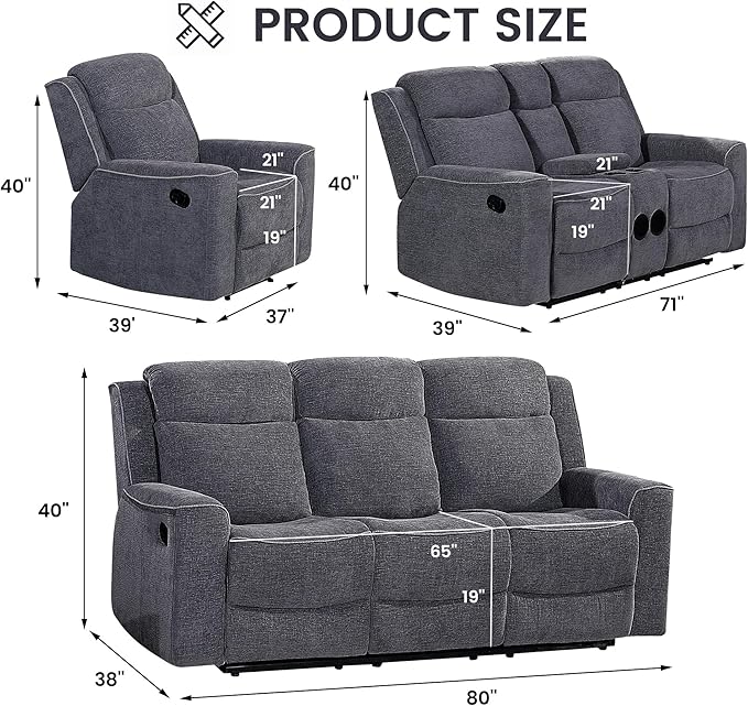 Betsy Furniture Soft Microfiber Manual Reclining Sofa Set, Sofa w/Dropdown Table