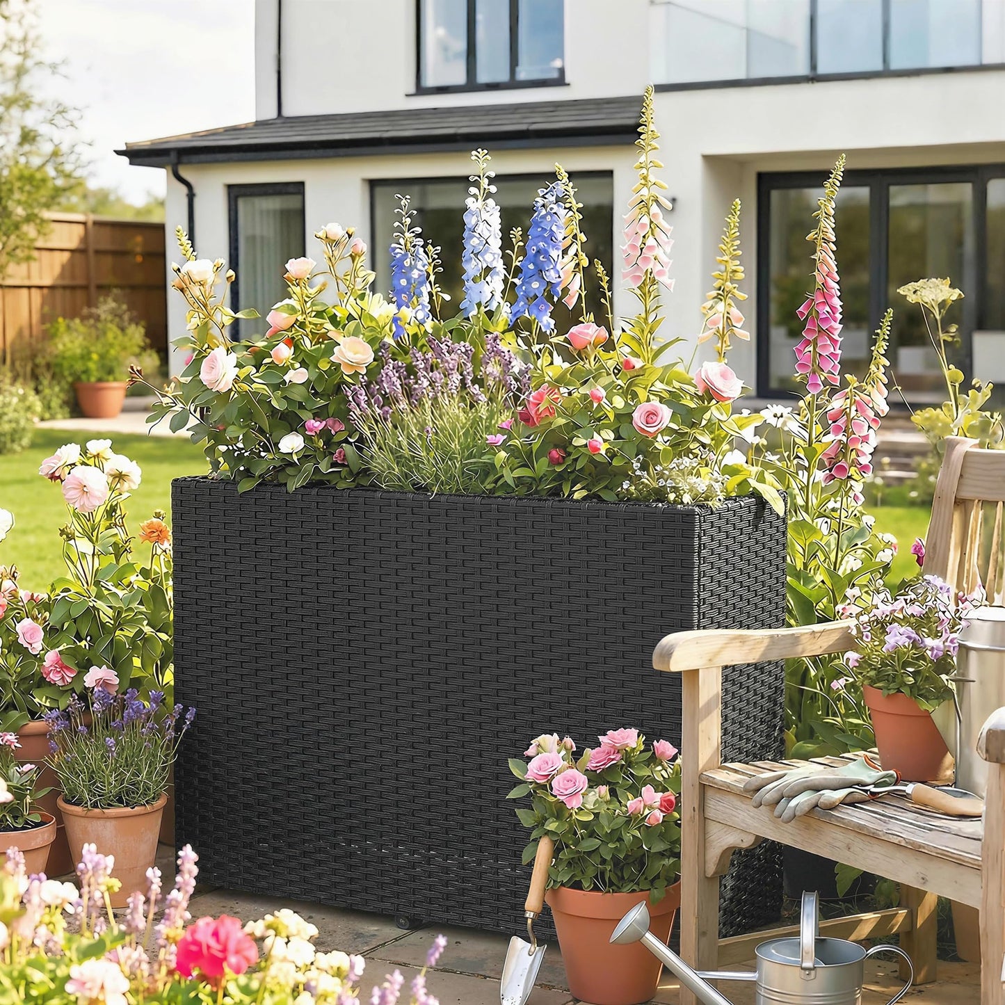Outsunny Tall Rectangular Planter with Removable Liner, PE Wicker Large Planters for Outdoor Plants, Freestanding Indoor Outdoor Planter Box with Drainage Holes for Flowers, Vegetables, Black