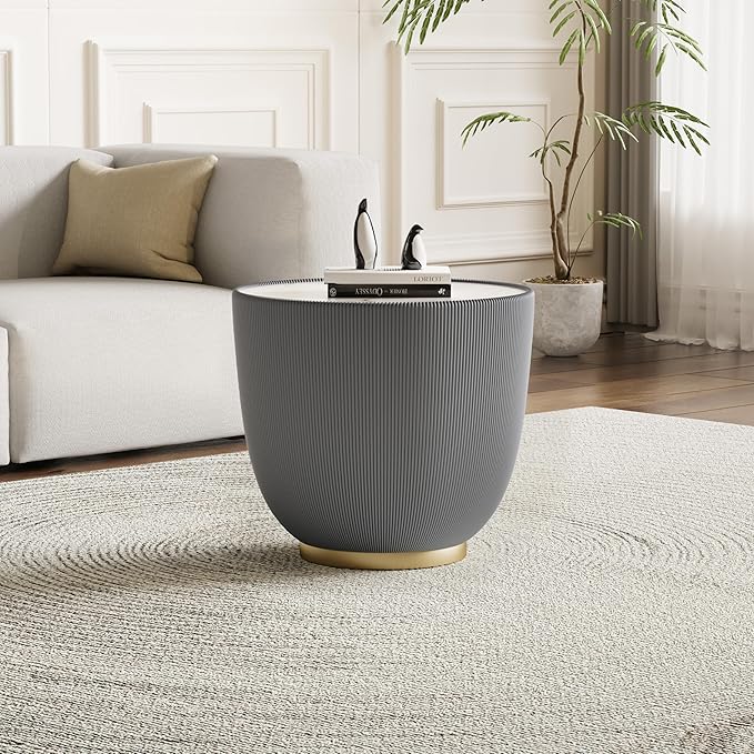 Henf Marble Round Side Table, 19.7" Fluted End Table