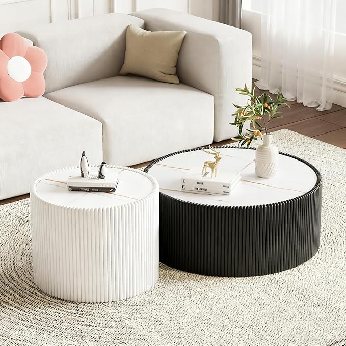 2-Piece Round Nesting Coffee Table Set, 29.52" Marble Coffee Table and End