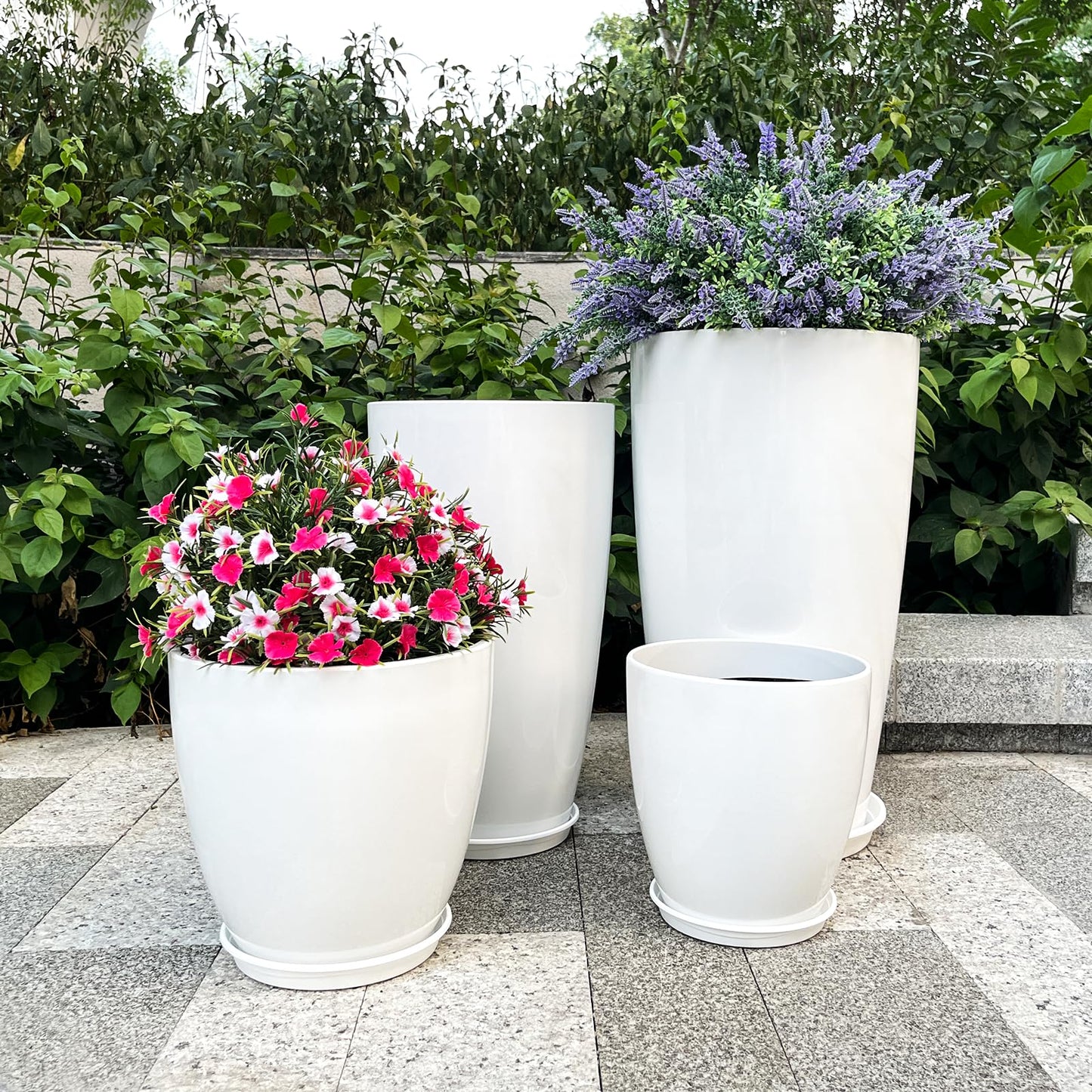 ZMTECH 24/21/12/10" H Large Plastic Planters with Drainage Hole and Saucer -Set of 4 Tall Plant Pots for Indoor & Outdoor Use,White Glossy Smooth Lightweight Flower Pot for Front Porch Patio Deck