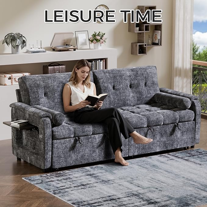 Convertible Sleeper Sofa Bed, 86 Inch Chenille Pull Out Couch