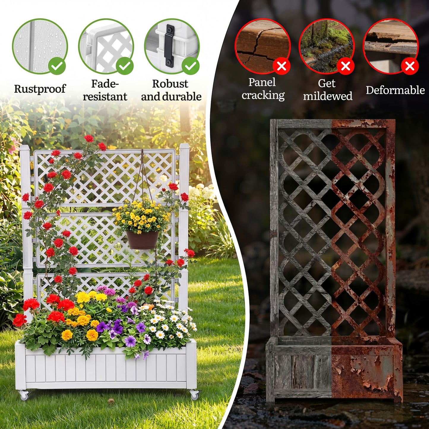 YITAHOME 42.5x14.2x61 in Planter Box with Trellis/Outdoor Privacy Screen, All-Weather Raised Garden Bed with Wheels & Drain Plug for Climbing Plants Flowers Herbs, White