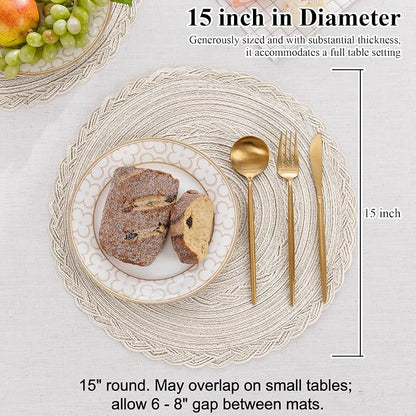 SHACOS 15 inch Round Braided Placemats Set of 12 for Dining Table Woven Boho Place Mats Kitchen Placemat Washable Table Mats, Ivory Bordered