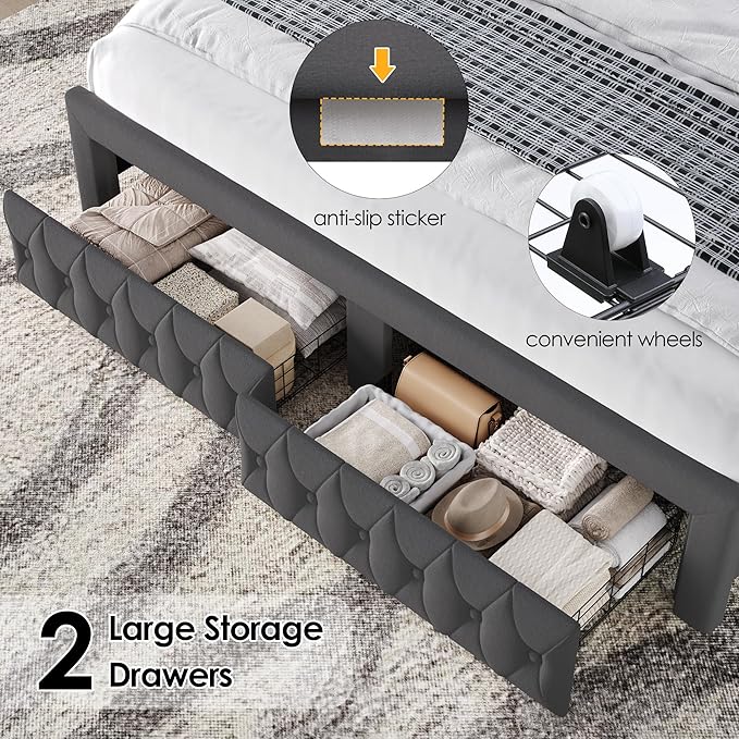 Keyluv Queen Bed Frame with LED Lights and 2 Storage Drawers, Velvet