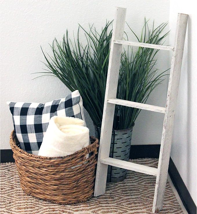 BARNWOODUSA Throw Blanket Ladder – Fully Assembled Reclaimed Wood – Rustic Decorative Ladder for Towels, Quilts – Perfect Farmhouse Decor for Bathroom, Porch, or Living Room,3-Foot White