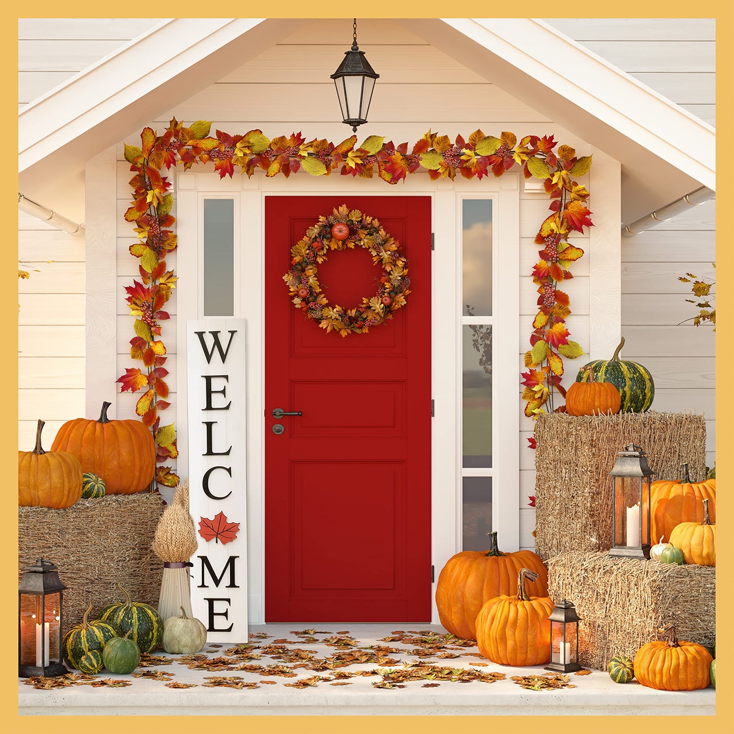 Extra Large 5FT Premium Wooden Interchangeable Welcome Sign for Front Door Porch Sign - 5 ft (58 x 11 Inch) 8 Magnetic Seasonal Tiles, Fall Porch Signs, Holidays and Seasons, Weather Resistance Standing welcome sign Outdoor and Indoor (White)