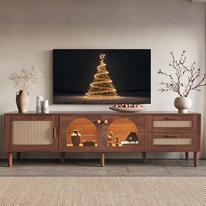 Merax Rattan TV Stand with LED Lights, Solid Wood Feet, Living Room, Bedroom