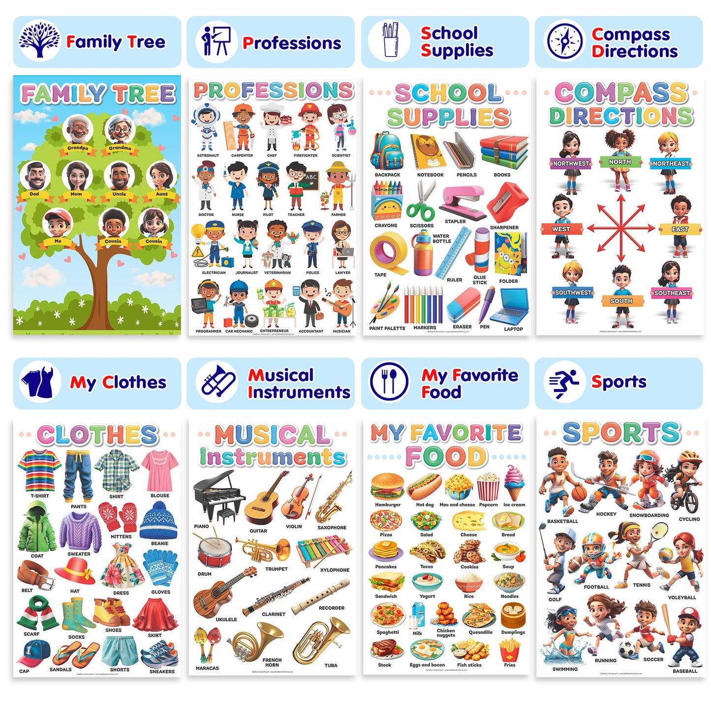 DeeDee's Workshop 16 Educational Posters vol. 2, Toddler Wall Decor, Daycare Essentials, Pre K Learning Materials (English vol. 2)