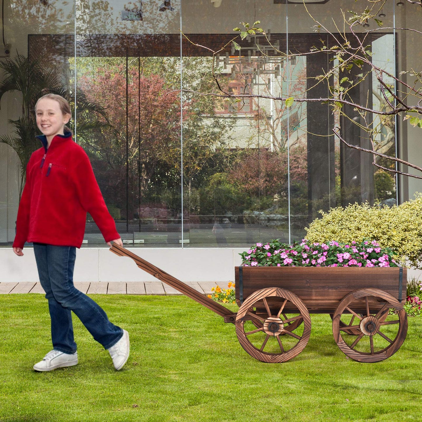 LDAILY Moccha Wooden Wagon, Wood Flower Planter Pot Stand with 4 Wheels for Home Garden Outdoor Indoor