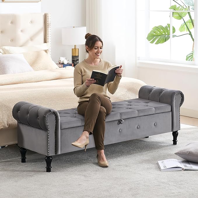 67" Storage Bench for Bedroom, Velvet End of Bed Bench, King Size Bench