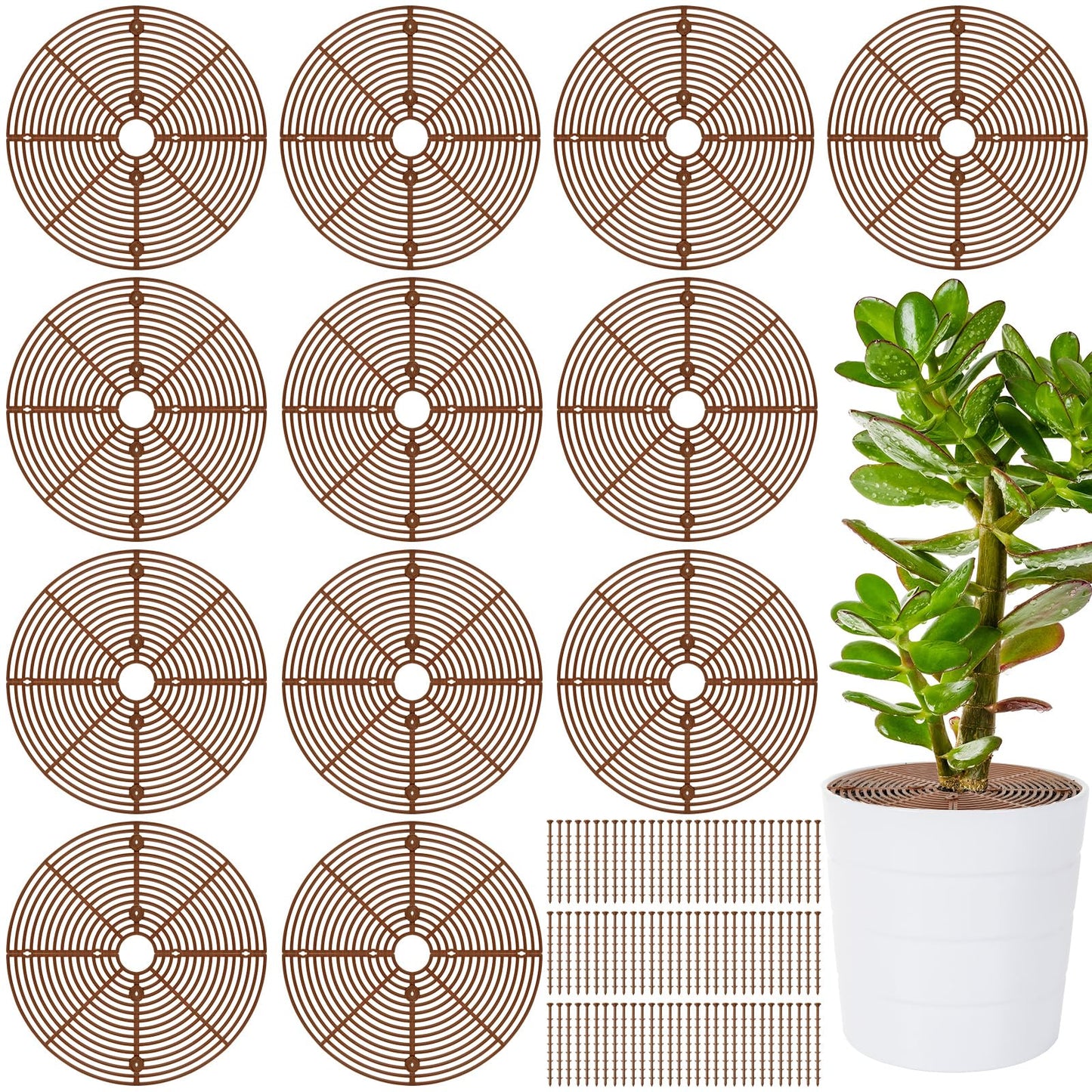 Hushee 12 Pieces 11.8 Inch Spring Plant Pot Grid with Center Cutout Plastic Cuttable Grid Flower Pot Cover with 8 Pcs Stakes Plant Protector Planter Cover Soil for Indoor Outdoor Plants