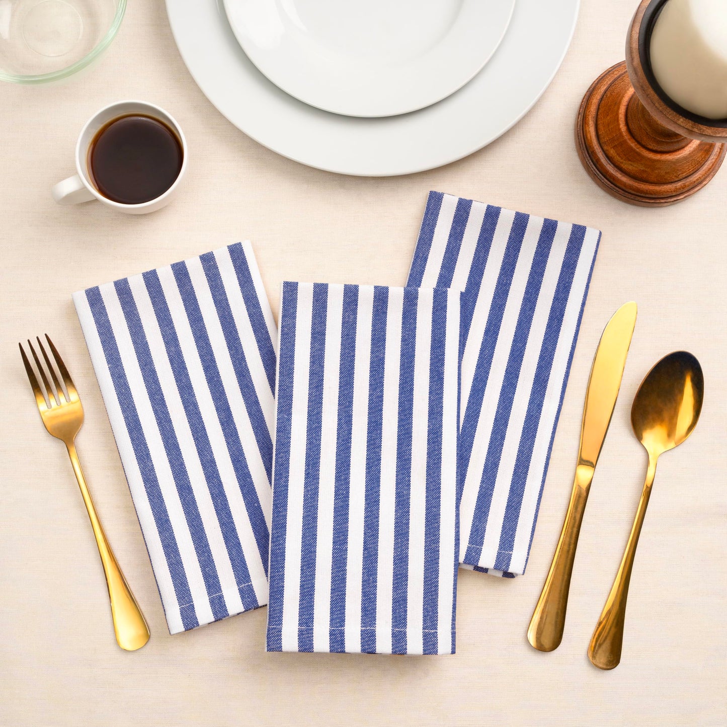 Blue Needles Set of 12 Striped Cloth Napkins 100% Cotton Dinner Table Napkins 18x18 inches, Soft, Reusable, Absorbent & Washable, Ideal for Spring Summer Easter Events & Everyday Use - Blue and White