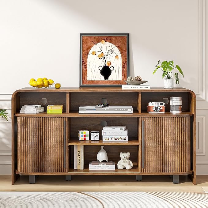 Small Fluted TV Stand for Bedroom, Mid Century Modern Media TV Console for 55
