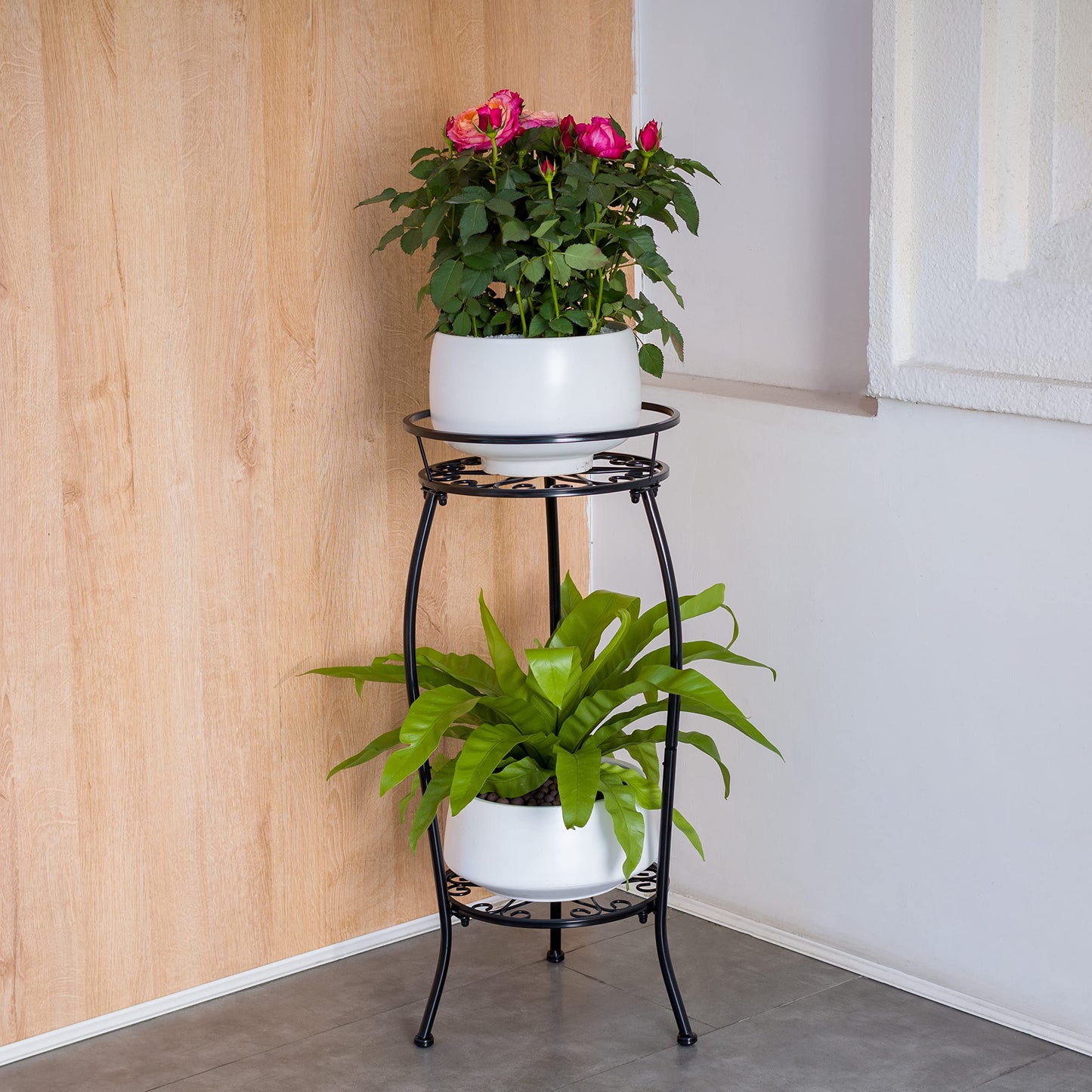 FaithLand Plant Stand, Metal Planter Holder Indoor Outdoor, 2 Tier Round Potted Supports Rack, Corner Display Shelf Black, Tall
