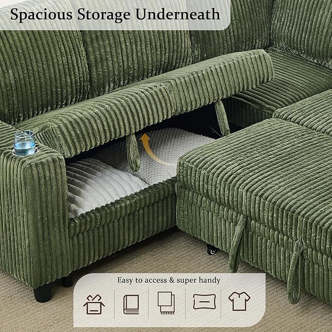 L-Shaped Sectional Couch with Storage and Pull Out Bed, Convertible Sofa Bed