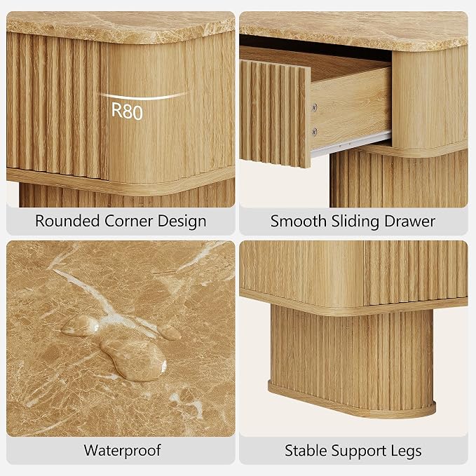 win2win Fluted Coffee Table with Storage, Boho Modern Coffee Table with Faux Marble Top, Minimalist Rectangle Center Table with Sculptural Pedestal Legs & Drawers for Living Room, Office, Oak