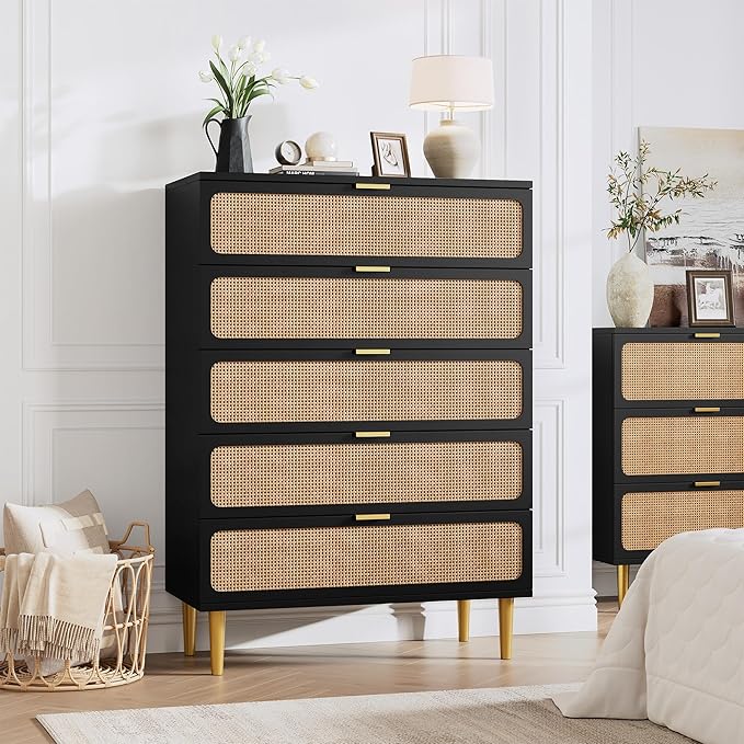 GarveeHome Rattan 5 Drawer Dressers