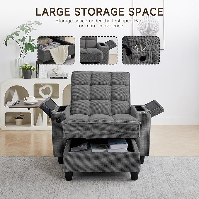Oversized Recliner Chair with Swivel Tray Table, Modern Tufted Linen Fabric