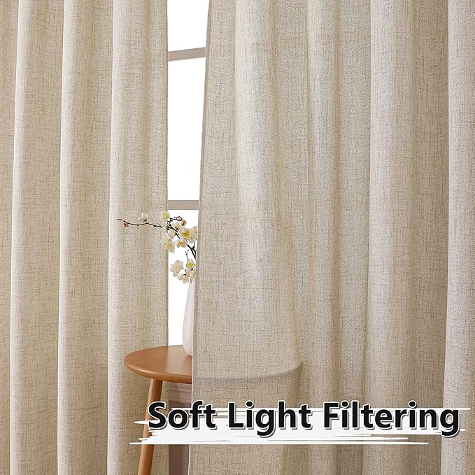 Tollpiz Linen Curtains Bedroom Rod Pocket Semi Sheer Curtain Burlap Light Filtering Thick Linen Drapes for Living Room, 54 x 84 inches Long, Natural, Set of 2 Panels