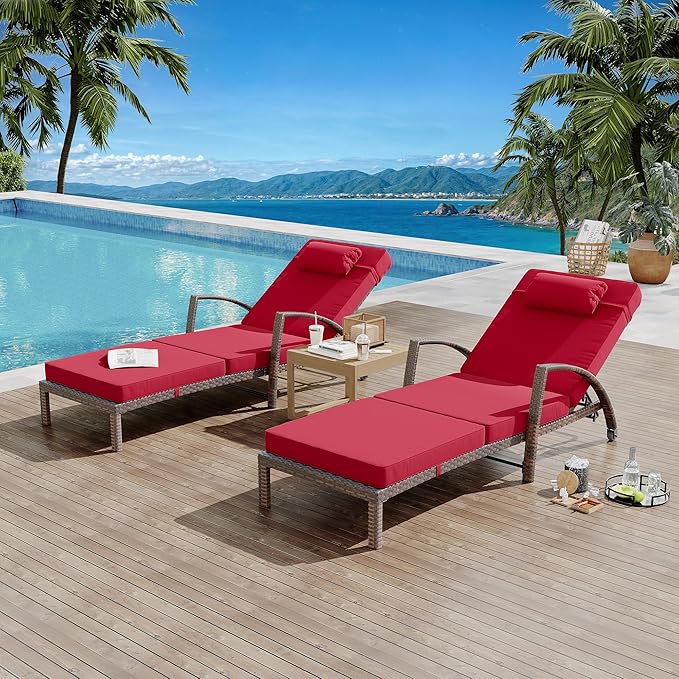 GarveeLife 2-Piece Rattan Patio Folding Chaise Lounge, 5-Position Adjustable