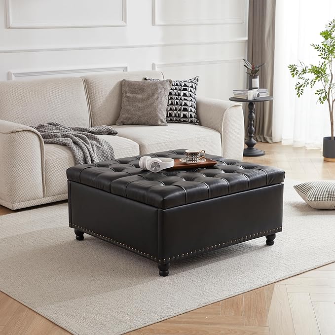 Tbfit Large Square Storage Ottoman Bench, Tufted Upholstered Coffee Table