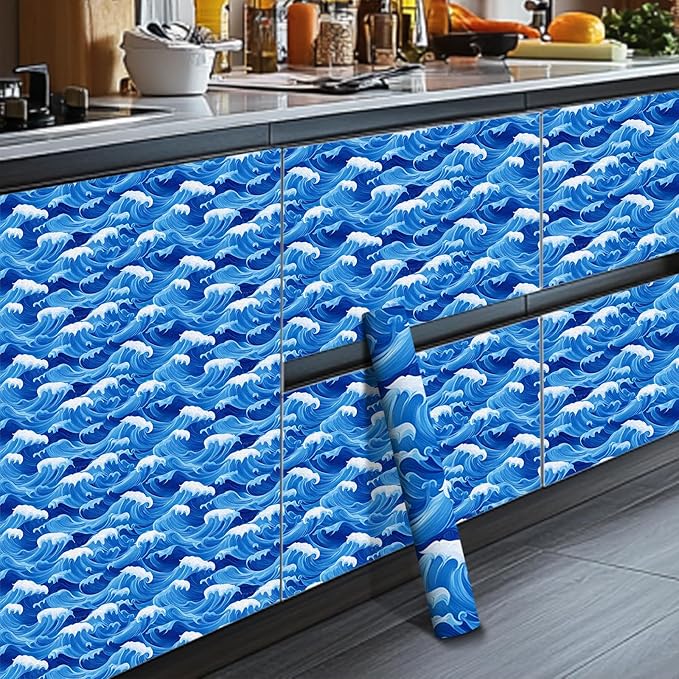 HOMETITUTE Ocean Blue Wave Pattern Wallpaper Peel and Stick Self Adhesive Vinyl