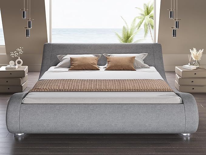 SHA CERLIN Queen Size Upholstered Bed Frame, Deluxe Low Profile Sleigh Bed