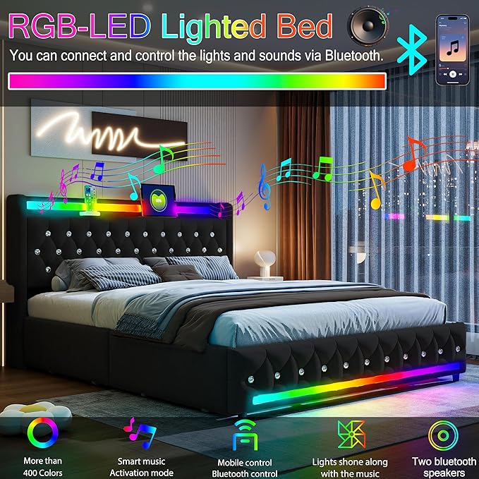 Music Player Bed with Bluetooth Speakers, Queen Size Smart Bed, USB&Type C