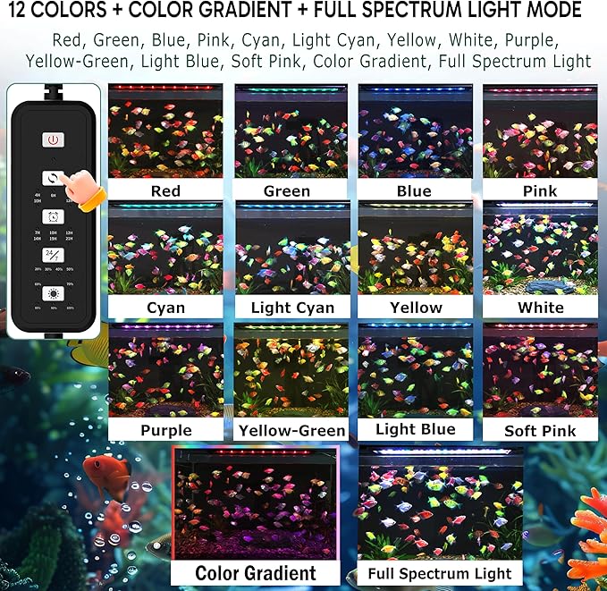 24/7 LED Aquarium Light for 18-24 Inch Plant & Fish Tank IP68, 12-Color & Gradient & Full Spectrum with Sunrise-Daylight-Moonlight, Auto On/Off, Brightness, Extendable Brackets for Freshwater