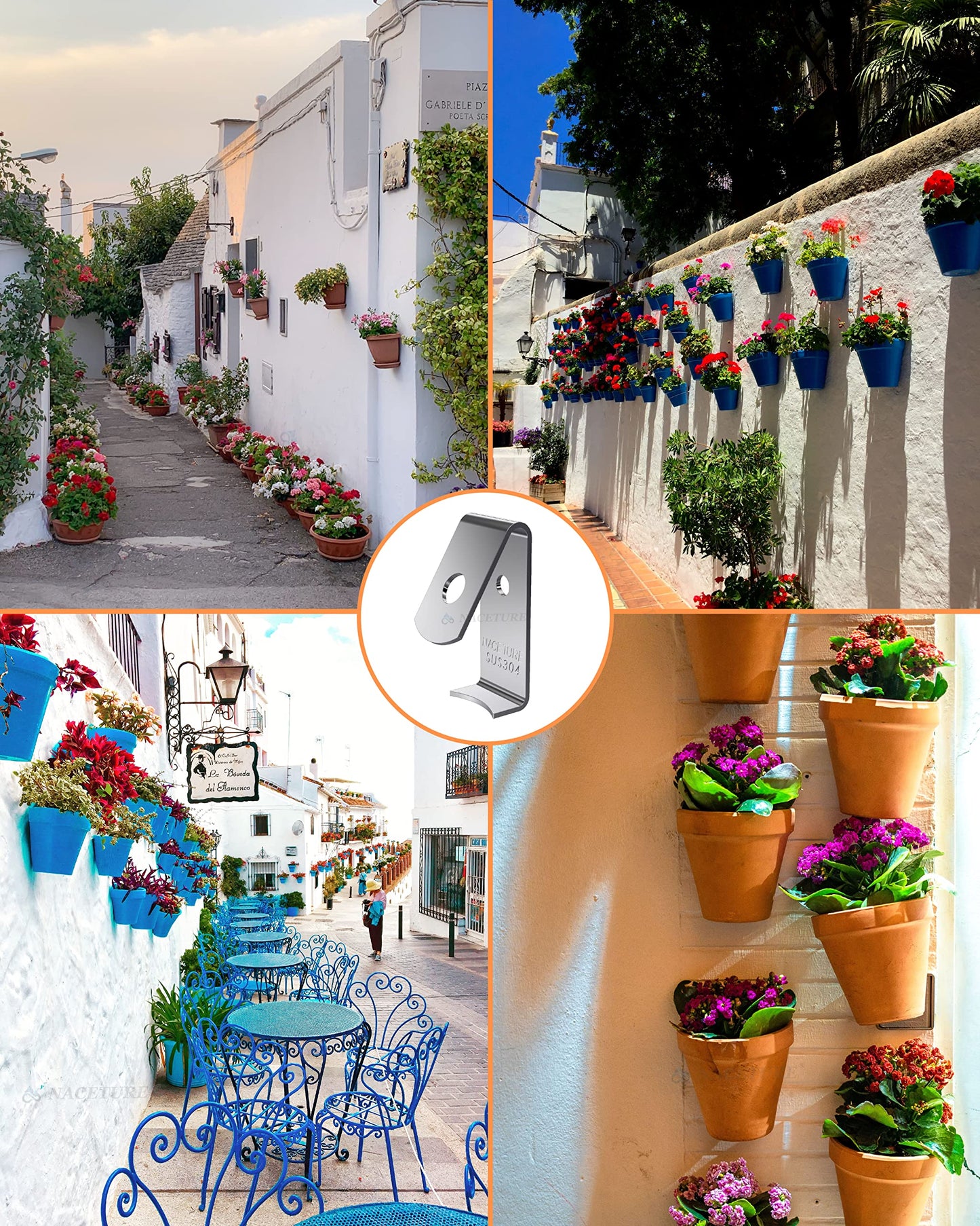 NACETURE 12 Pack Stainless Steel Plant Hangers Flower Pot Clips - Outdoor Wall Hook Metal Plant Stand Holds 5" to 8" Standard Flower Pot