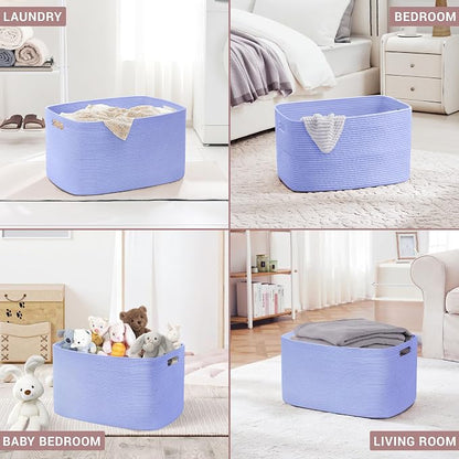 60L Small Baby Girls Laundry Basket for Nursery Storage,Cute Woven cotton Rope Baskets for Kids Toy，Gifts, Boho Square Wicker Blanket hamper for Living Room,Bedroom Dirty Clothes,Blue Purple