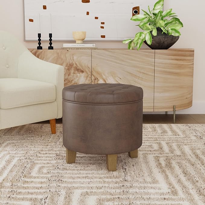 Homepop Home Decor | Upholstered Round Faux Leather Tufted Foot Rest Ottoman |