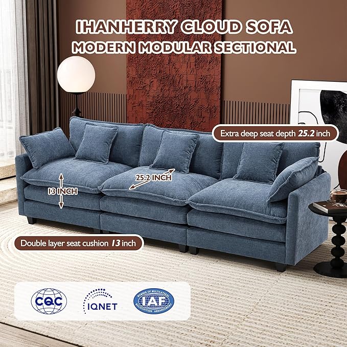 Ihanherry 111.4 Inch 3-Seater Cloud Sofa, Modular Sectional Couch, Modern Deep