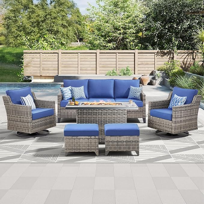 Patio Furniture Set with 42.5" Fire Pit Table-6 Pieces All Weather Wicker
