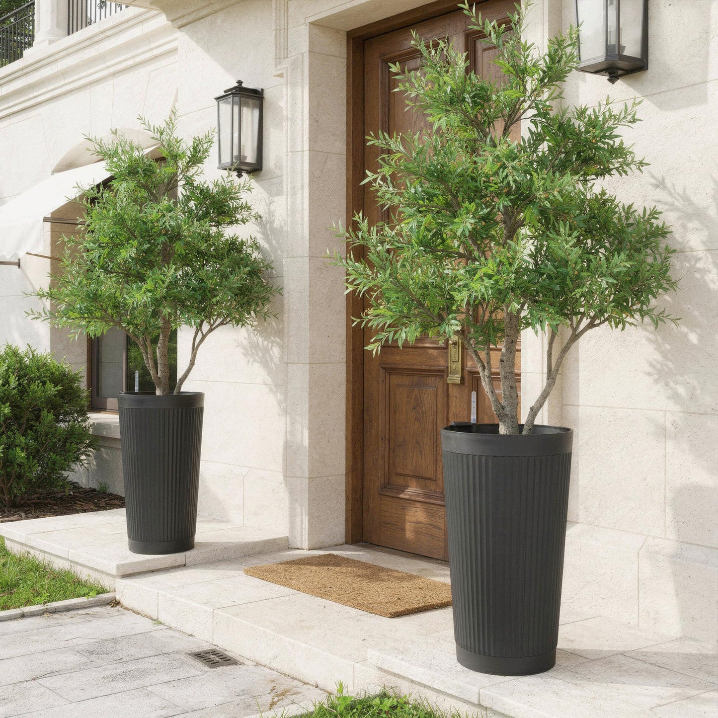 PolarcoForgeco Self Watering Tall Black Planters Outdoor Set of 2, 24” Flower Pots Planters for Outdoor Plants, Modern Plastic Tall Planter for Front Porch, with Drainage Hole (Ribbed)