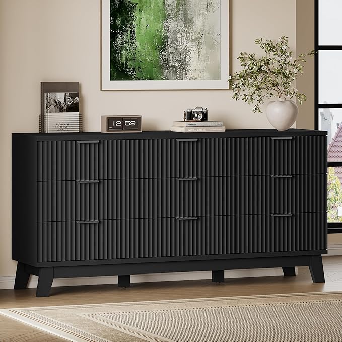 BORNOON 63" Long Dresser for Bedroom, 9-Drawer Fluted Dresser, Extra-Wide Wood