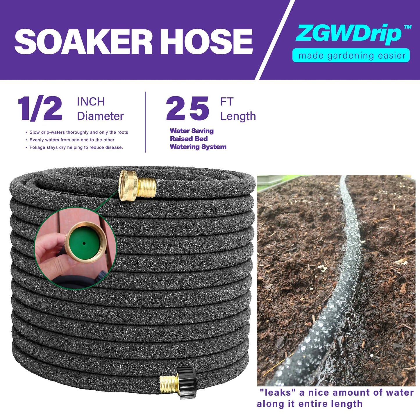 ZGWDrip 25FT 1/2" Water-Saving Soaker Hose with Solid Brass Connectors, Drip Irrigation Kit for Lawn & Yard