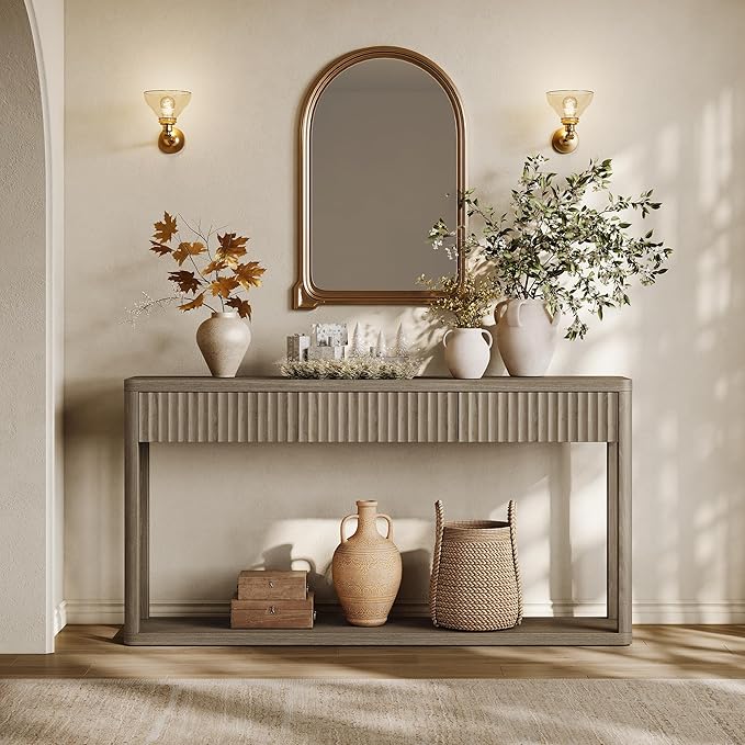SICOTAS Entryway Table with Storage, 60.74" W Console Table with 3 Fluted