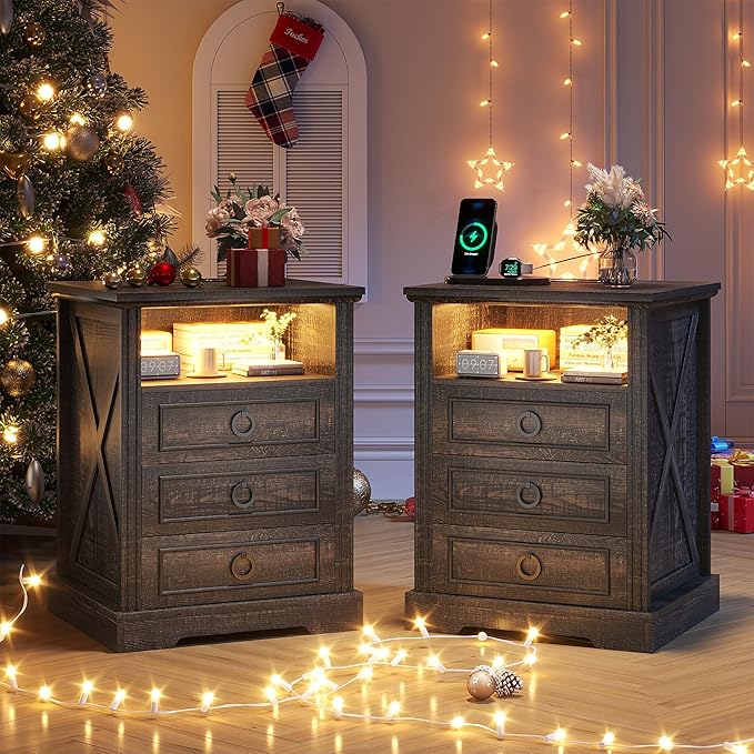 Nightstand Set 2 with Charging Station, Farmhouse End Side Table with 3 Drawers