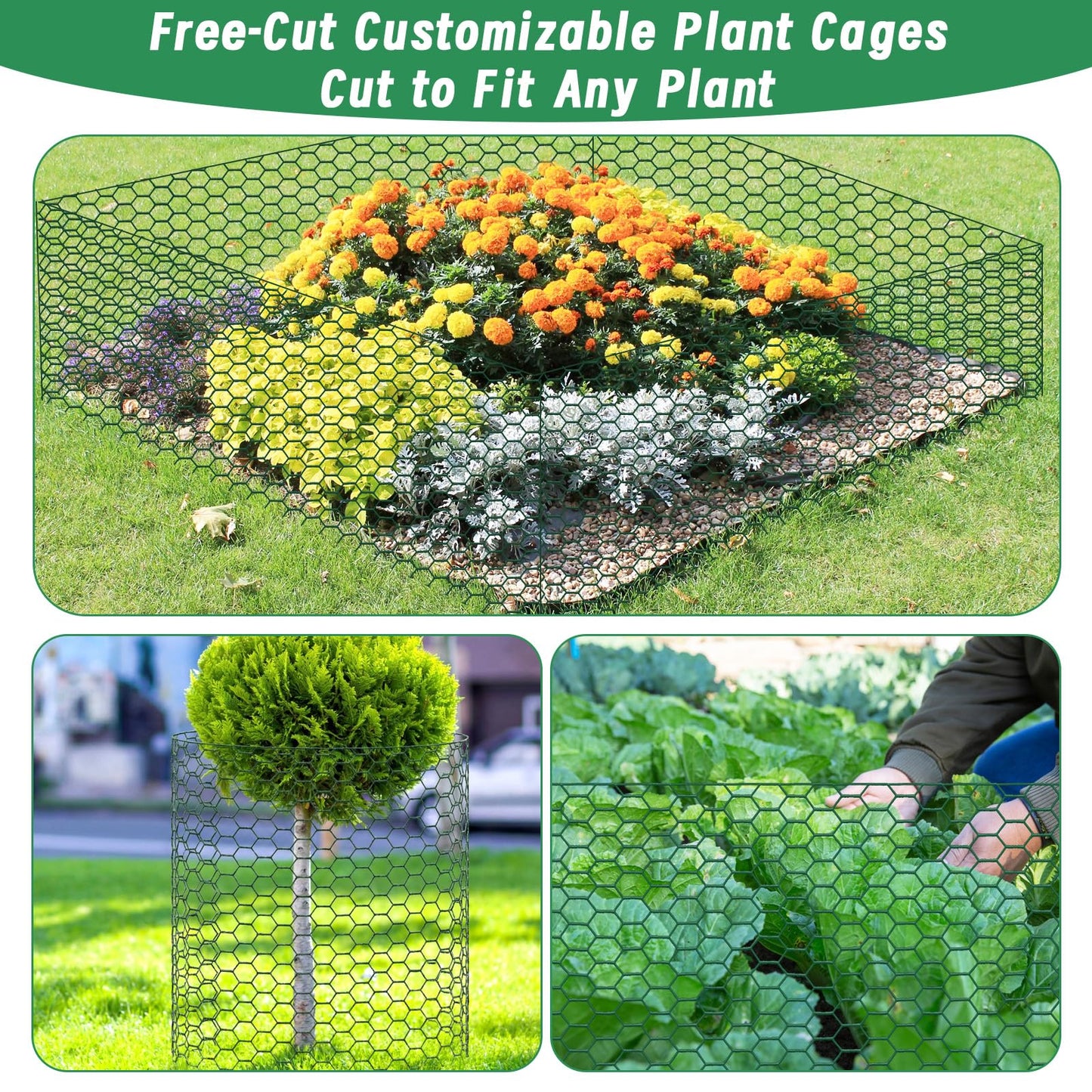 Convivium Plant Protectors from Animals, 0.8mm Free-Cut Green Chicken Wire Mesh, PVC Coated Tree Trunk Guard & Garden Fence for Outdoor Plants with Zip Ties, Stakes, Pliers, Gloves（33Ft*16In）