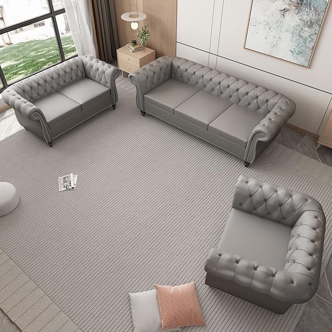 ORRD 3 Piece Living Room Set, Chesterfield Leather Sofa Loveseat Couch Chair