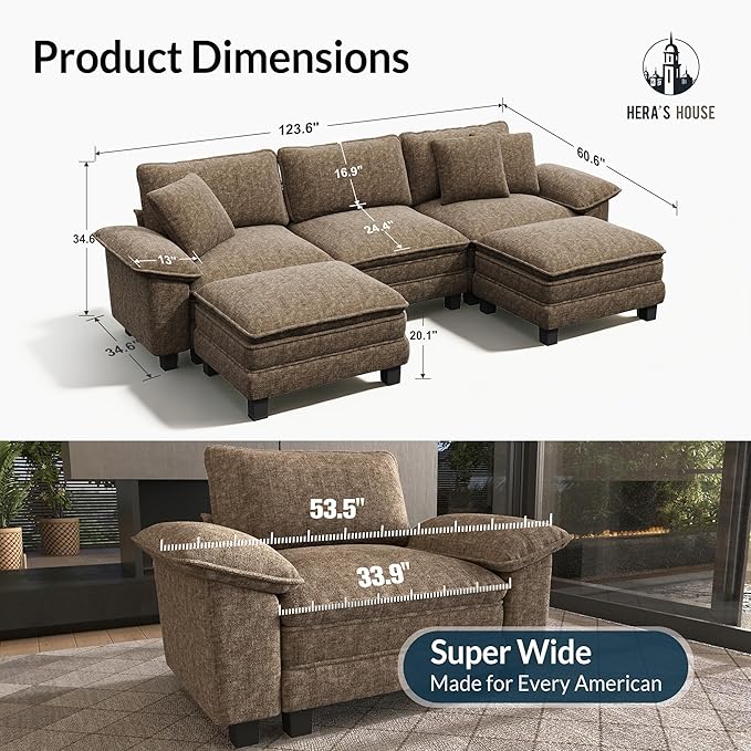HERA'S HOUSE 124" Modular Sectional Sofa, Oversized U Shaped Couches