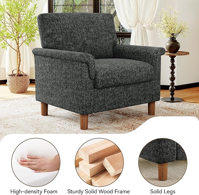 Mid Century Modern Accent Chair, Chenille Comfy Living Room Arm Chairs